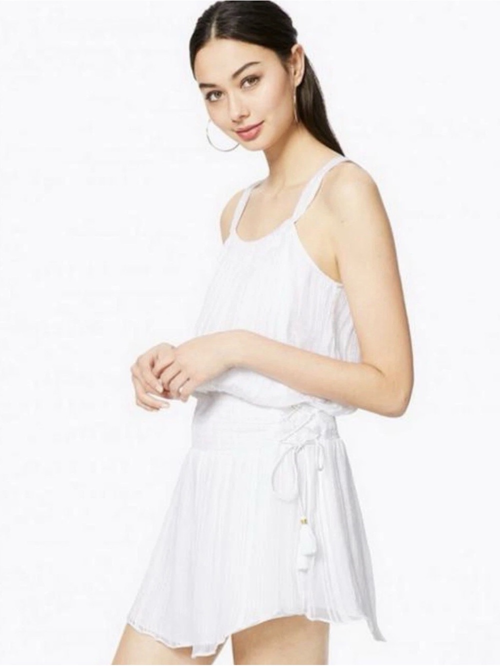 Ramy Brook smocked tie side dress white pleated skirt with tie waist pockets